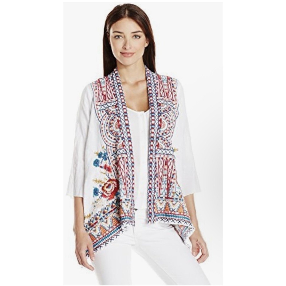 Johnny Was JWLA Size Medium Mina 100% Linen  Embroidered Open Front Kimono White